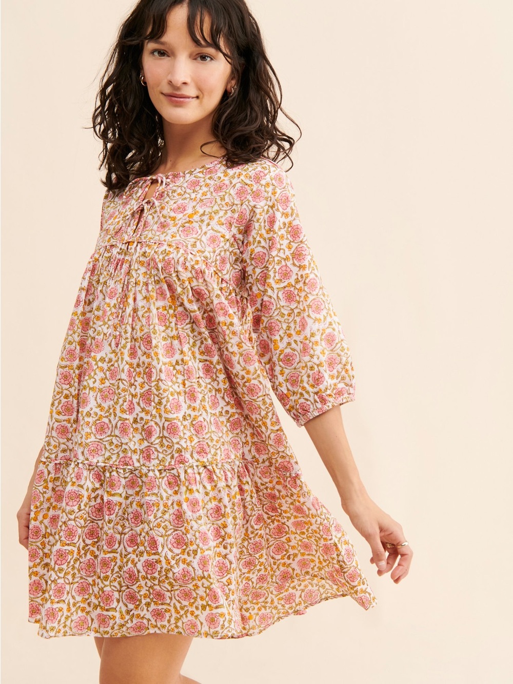 Maelu Willow Mini Dress XS Pink Floral Block Print Boho Artisan India